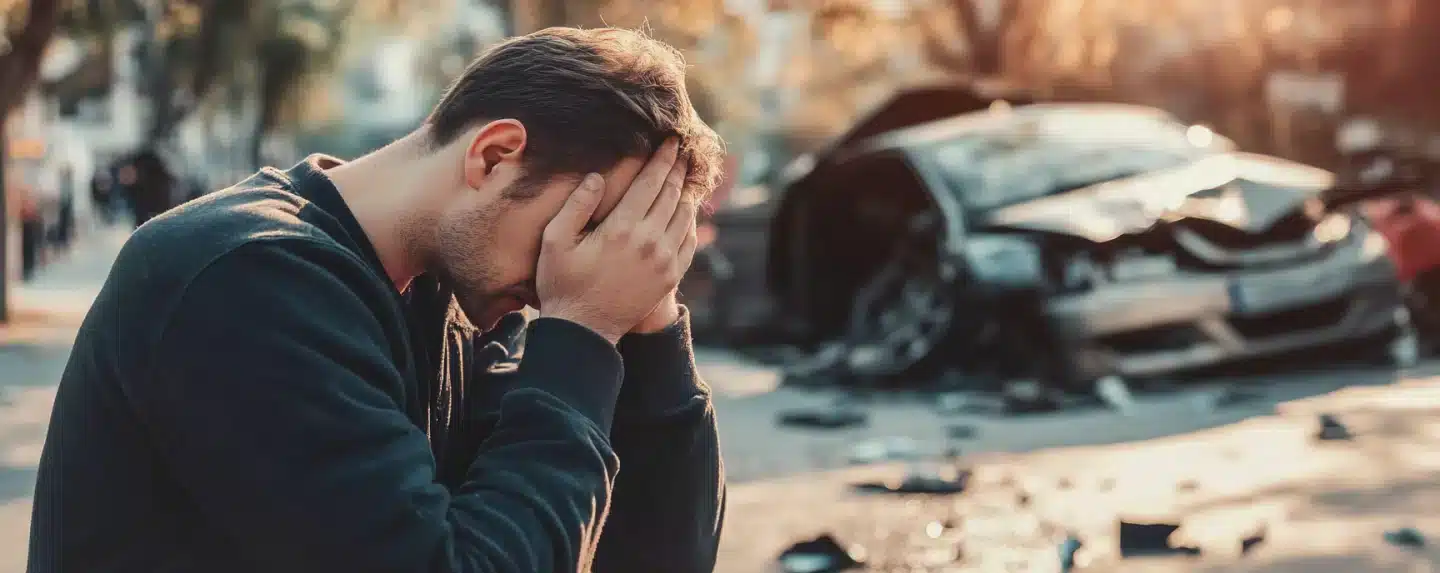 A man holding his head near an accident