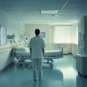 A man standing near an ICU bed.