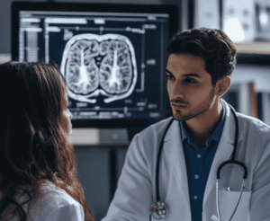 A neurologist talking with a patient. 