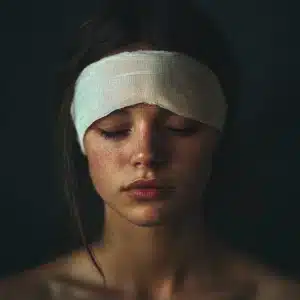 A woman with a bandage on her forehead due to an injury.